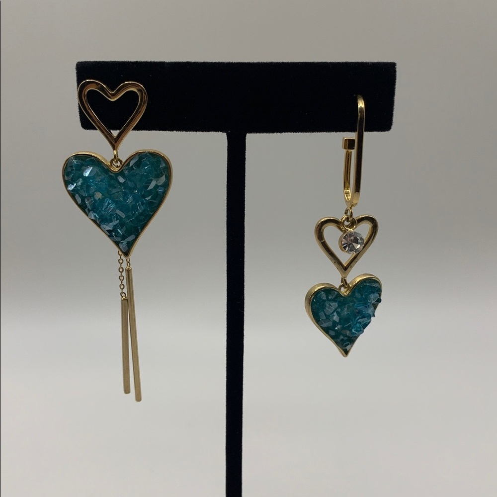 Gold-tone Asymmetrical Blue Faux Crystal Heart Drop Earrings